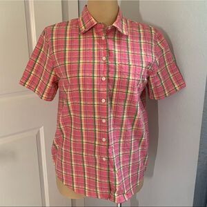 Karen Scott Sport Plaid Short Sleeve Button Down Light Multi-Colored Top